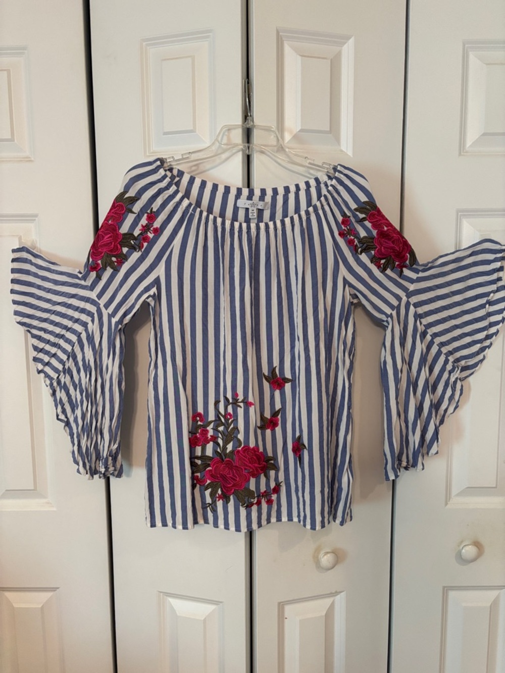 Fever Blue & White Striped Cold-Shoulder Blouse with Pink Floral Embroidery